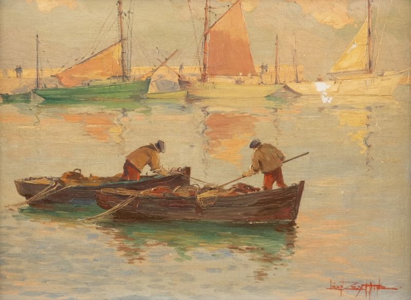Fishermen on the Loire near Nante, óleo de Léon Zeytline, que muestra siluetas al anochecer.