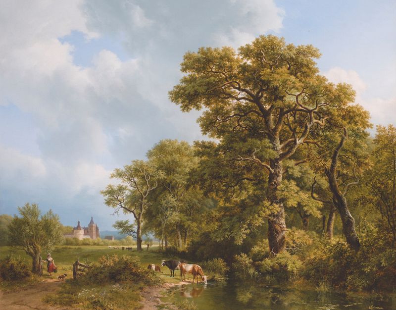 A summer landscape with cows watering, oil painting by Barend Cornelis Koekkoek