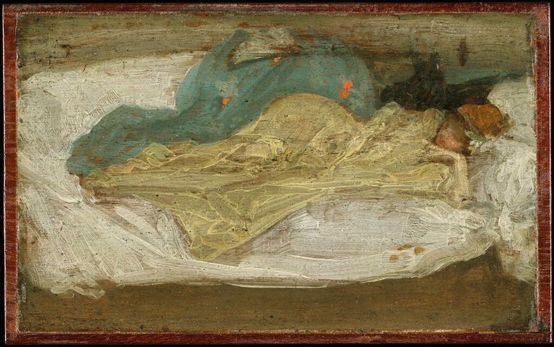 Escena interior con una figura en un sofá blanco, medio de madera por James Abbott McNeill Whistler