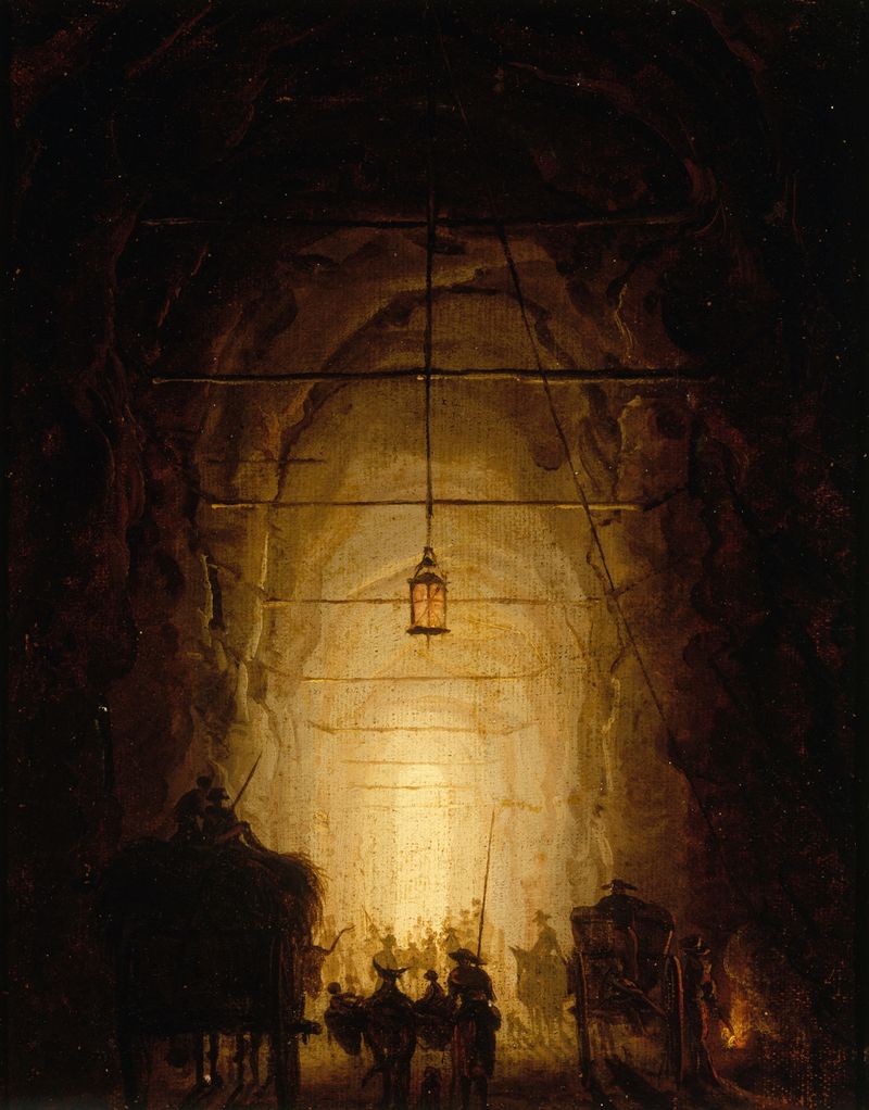 La Grotte du Pausilippe, óleo sobre tela de Hubert Robert, apresenta uma gruta com ruínas e luz dourada.