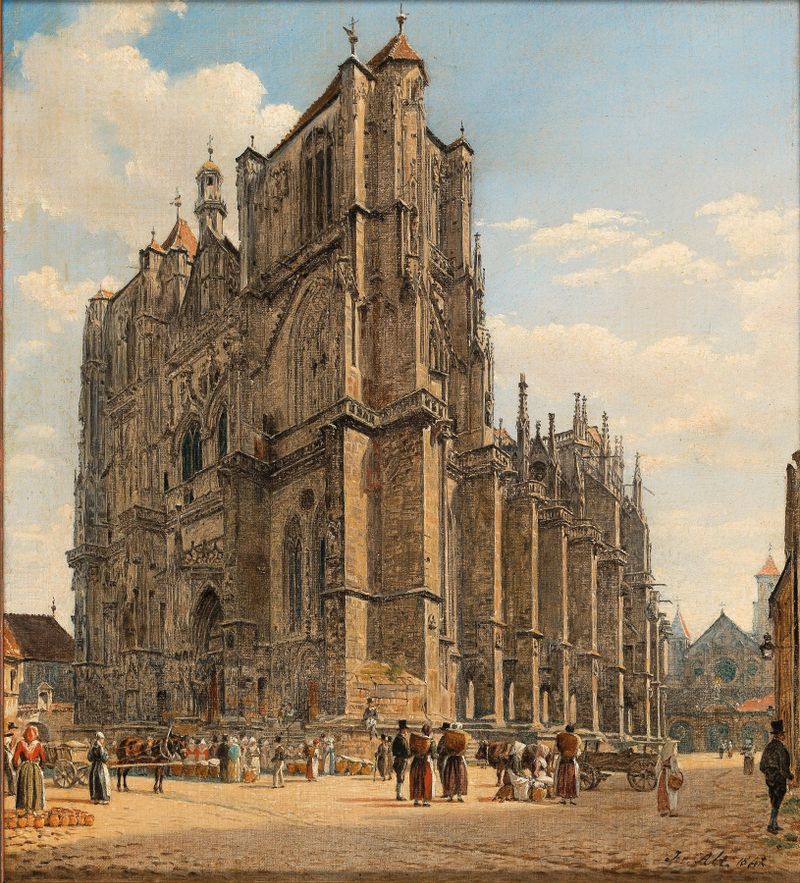 A View of the Regensburg Cathedral, oil on canvas by Jakob Alt, featuring towering spires against a muted sky.