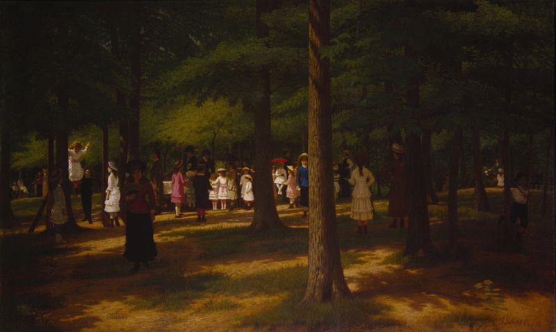Pic-Nic Prospect Park by Samuel S. Carr, oil on canvas depicting a lively picnic scene