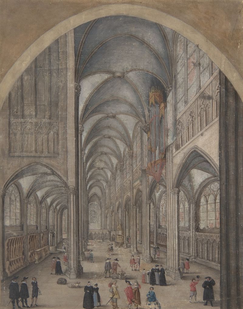 Interior de la Catedral de Estrasburgo de Jacob van der Heyden, pintura al óleo con luz y vitrales.