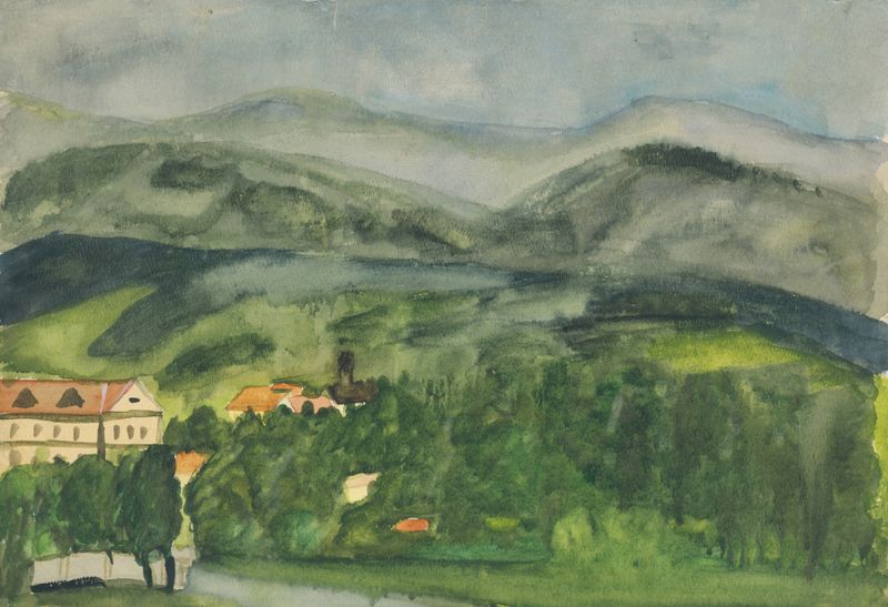 Landscape with houses, oil on canvas by Arnold Peter Weisz-Kubínčan