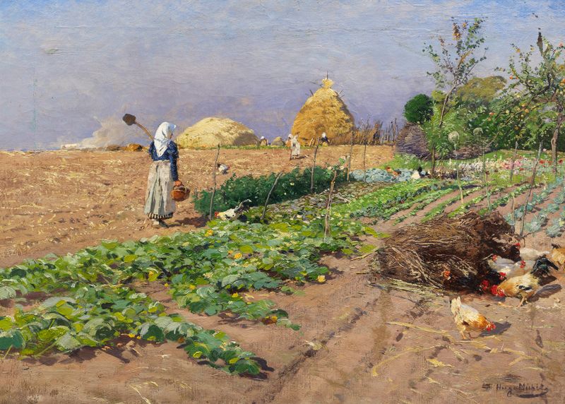 Genre scene depicting a farmer working in a field, oil painting by Hugo Mühlig