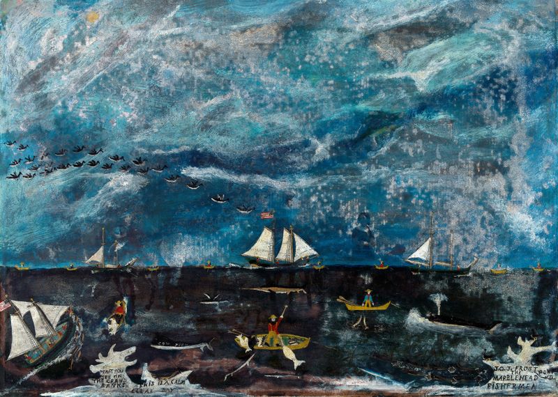 The Marblehead Fishermen de John Orne Johnson Frost, óleo sobre lienzo que representa pescadores en el mar.