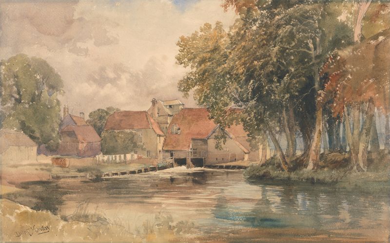 Paisagem impressionista com uma casa de campo ao lado do rio, de David Hall McKewan