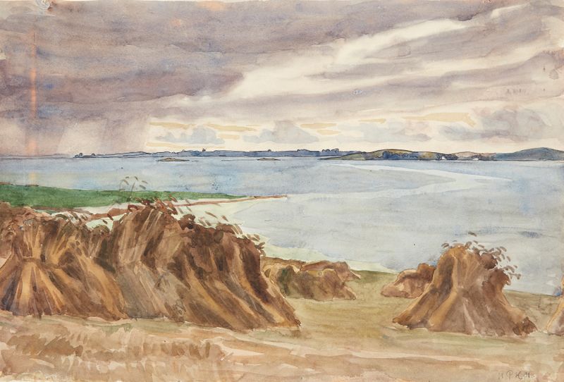 Landscape oil painting by Peter Hansen featuring a horizon and cloudy sky.
