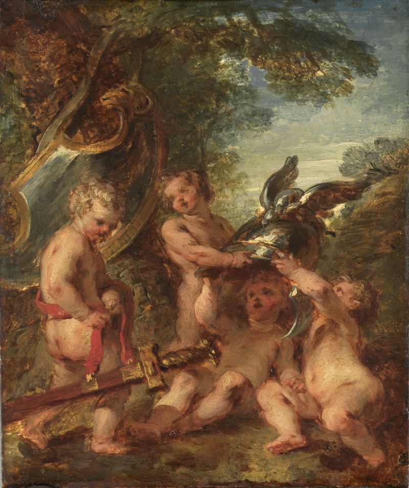 Putti with the Accoutrements of Mars, oil on panel by François Le Moyne