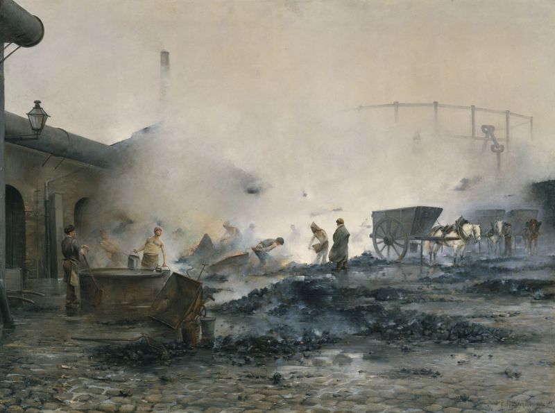 L’usine à gaz de Courcelles by Ernest Jean delahaye, depicting an industrial gas factory with intricate brickwork.