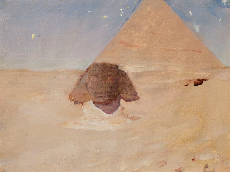 Esfinge de noche de Jan Ciągliński, pintura al óleo que representa una figura de piedra antigua bajo la luz de la luna.