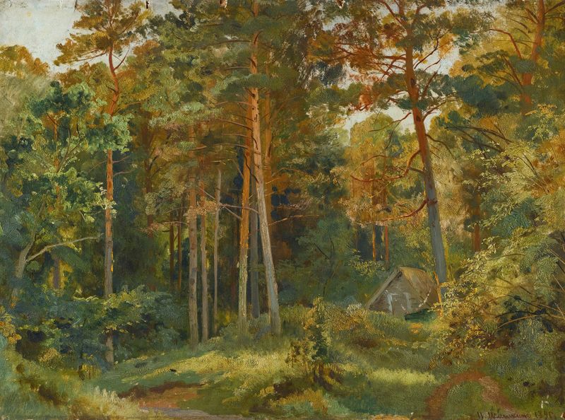 The Mill In The Forest by Ivan Ivanovich Shishkin, oil on canvas, depicting a rustic mill in a forest.