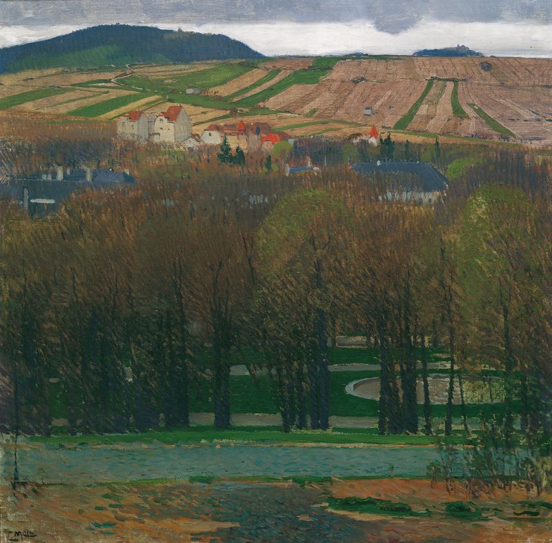 Paisaje con colinas y follaje, óleo sobre lienzo de Carl Moll