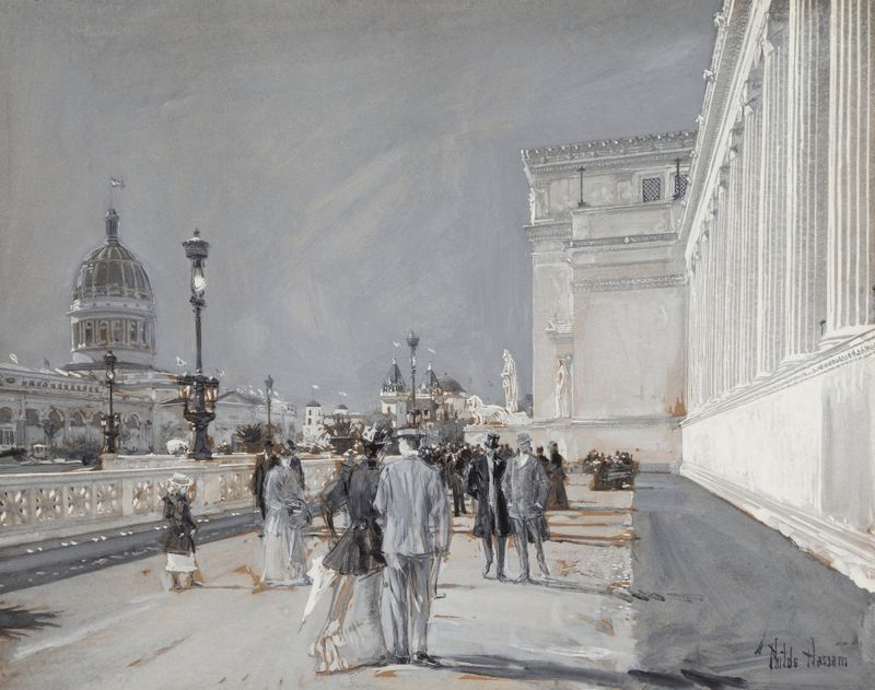 Escena de género que representa un recinto ferial con banderas de Childe Hassam, pintura al óleo