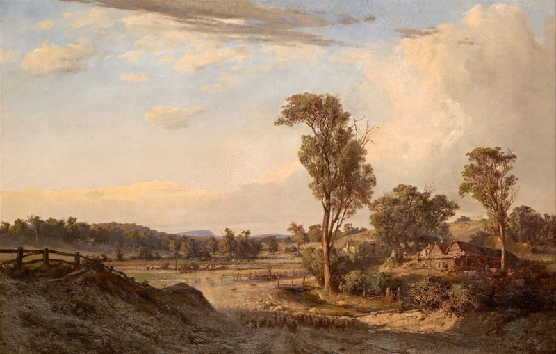 Summer afternoon, Templestowe by Louis Buvelot, oil painting depicting lush fields and a blue sky.