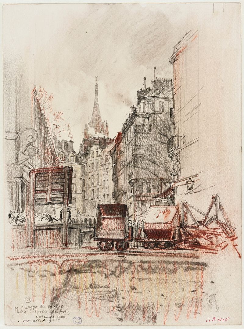 Aquarela de Charles Jouas retratando a construção do metrô em Paris