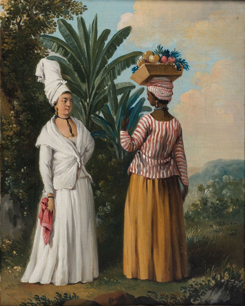 Two women in traditional dress, oil on canvas by Agostino Brunias