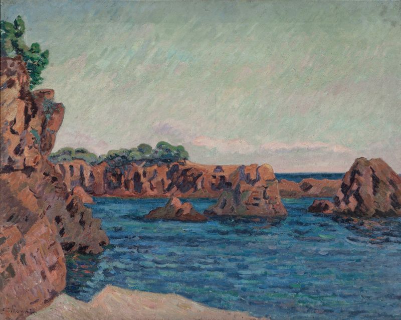 Rochers à Agay de Armand Guillaumin, pintura al óleo impresionista de rocas rugosas y mar tranquilo.
