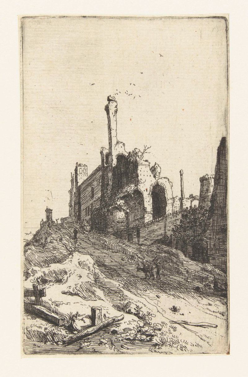 Etching by Bartholomeus Breenbergh depicting ancient ruins and columns