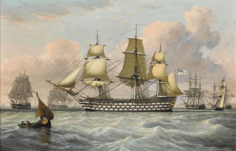 H.M.S. Britannia y otros barcos cerca de un cabos, pintura al óleo de John Ward of Hull
