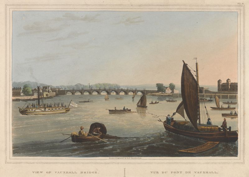 Engraving by Robert Havell Jr. depicting Vauxhall Bridge over a river at dusk