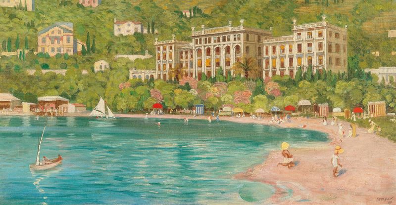 Paisagem de Portoroz com o Grand Hotel, pintura a óleo de Glauco Cambon
