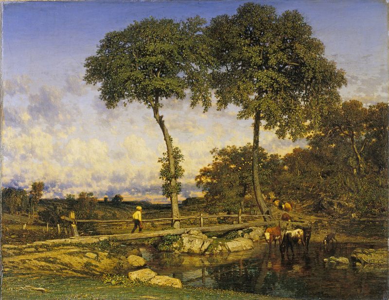 Crossing the Bridge by Jules Dupré, oil on canvas depicting a river landscape with a bridge.