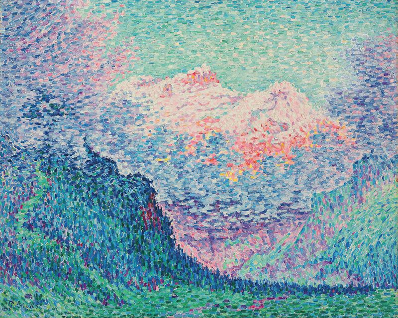 Les Diablerets de Paul Signac, pintura a óleo que retrata montanhas, lago e céu.