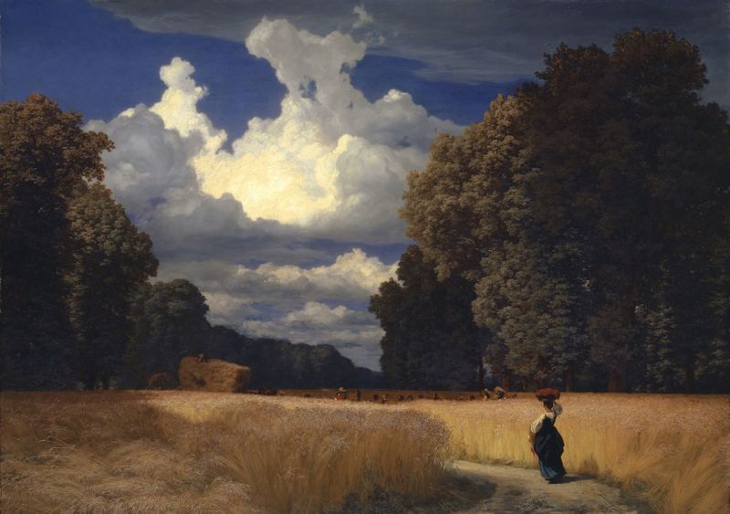 Paisaje con labradores en campos dorados, pintura al óleo de Robert Zünd