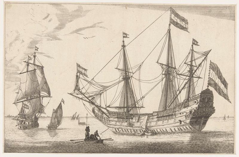 Groot zeilschip en een roeiboot, grabado de Unknown Artist mostrando un barco de vela y un bote.