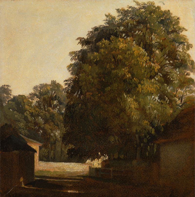 Landscape with Chestnut Tree by Peter DeWint, oil on canvas featuring a grand tree against a horizon.
