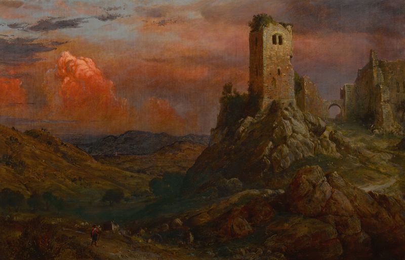 Watch Tower in Italy de Frederic Edwin Church, pintura a óleo que retrata uma paisagem vibrante.