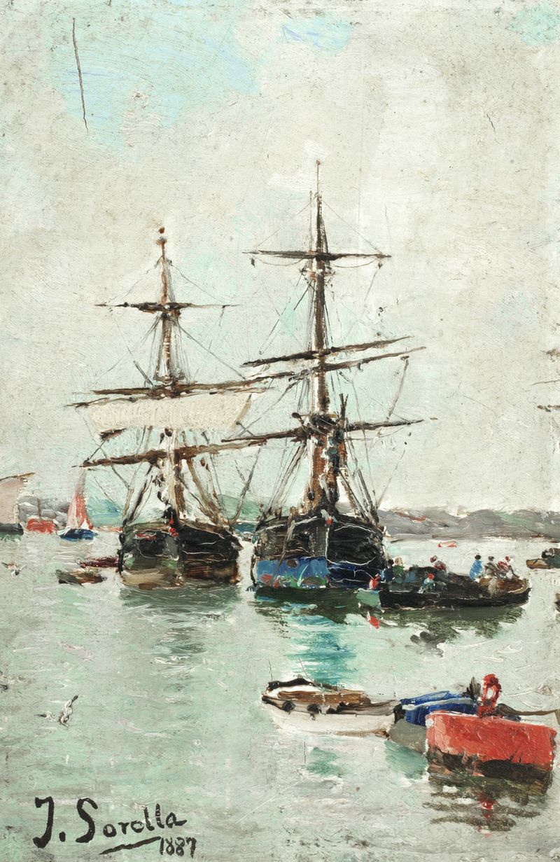 Boats in a harbour de Joaquín Sorolla, óleo sobre tela, barcos coloridos em água calma