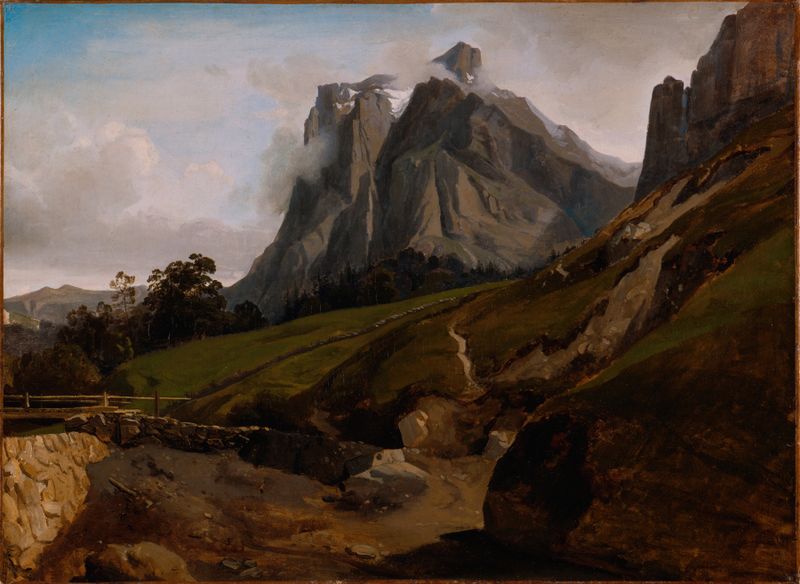 The Wetterhorn, Switzerland, pintura a óleo de Théodore Caruelle d'Aligny, retratando montanhas e nuvens.
