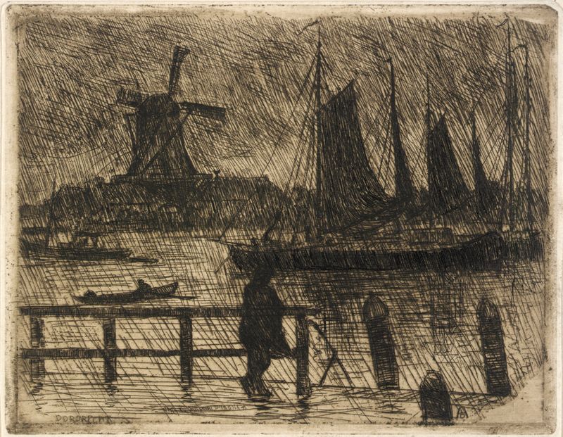 Rain at Dordrecht by George Charles Aid, oil painting depicting a stormy landscape.