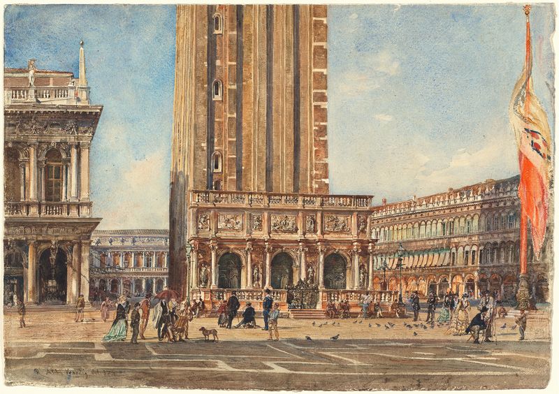 La Plaza de San Marcos de Rudolf von Alt, óleo sobre lienzo, representa la Basílica de San Marcos en luz suave.