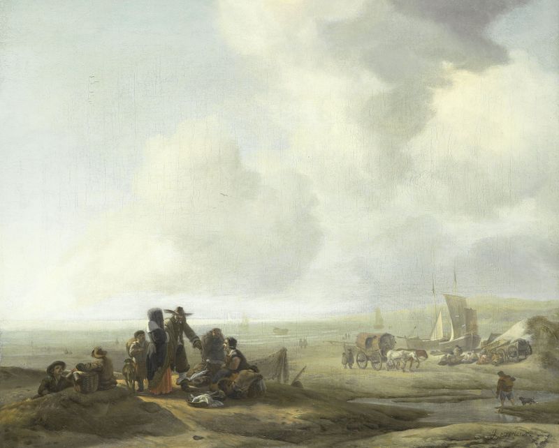 View on the Beach by Jacob Esselens, oil on canvas depicting a serene beach with figures and soft light.