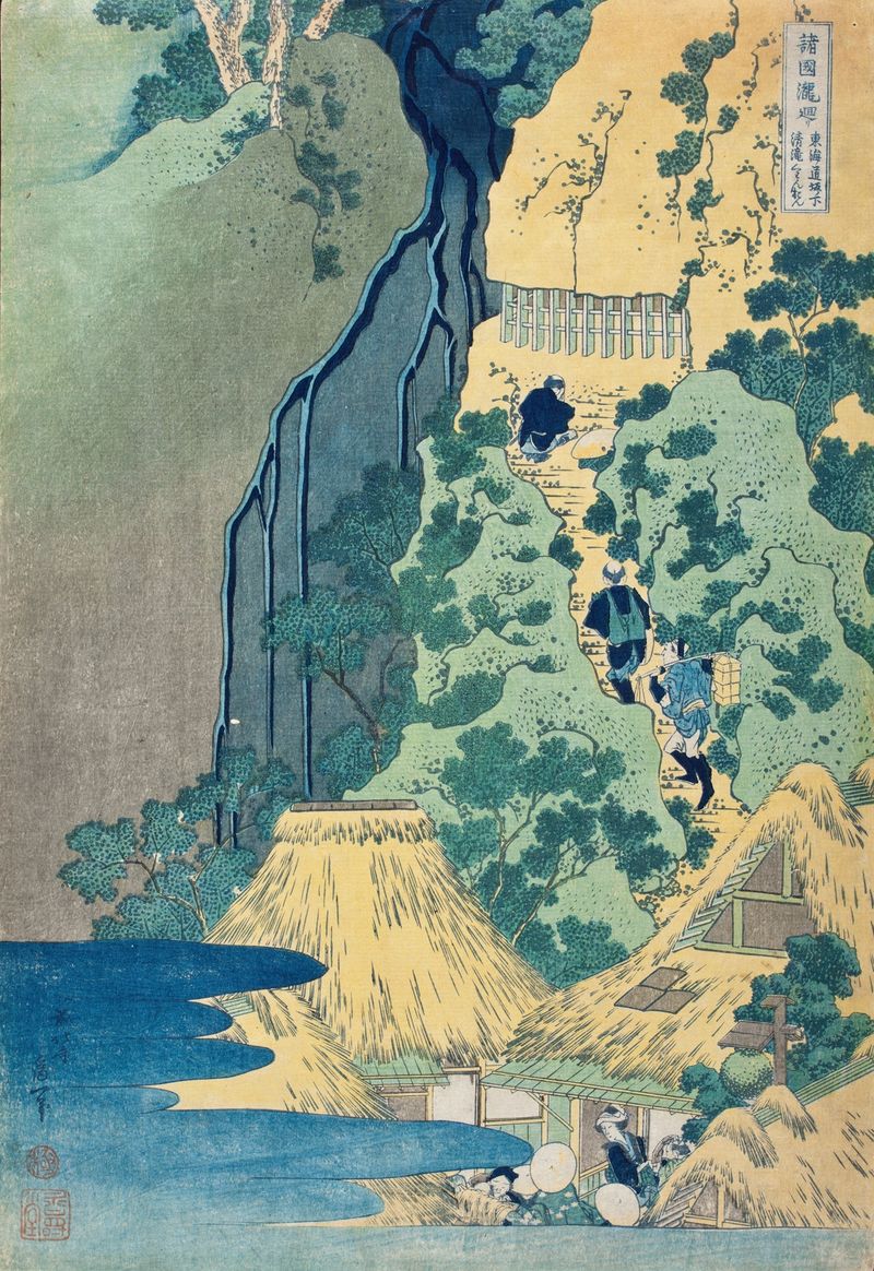 Kannon Shrine em Kiyo Falls, gravura em madeira de Katsushika Hokusai