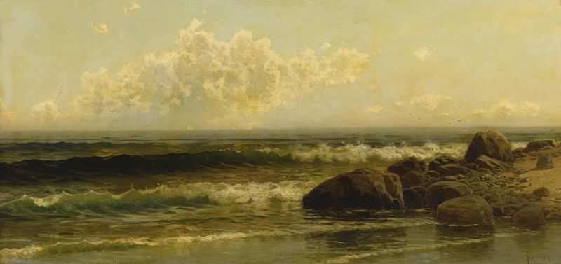 Cena marinha com costa, ondas e céu de Alfred Thompson Bricher