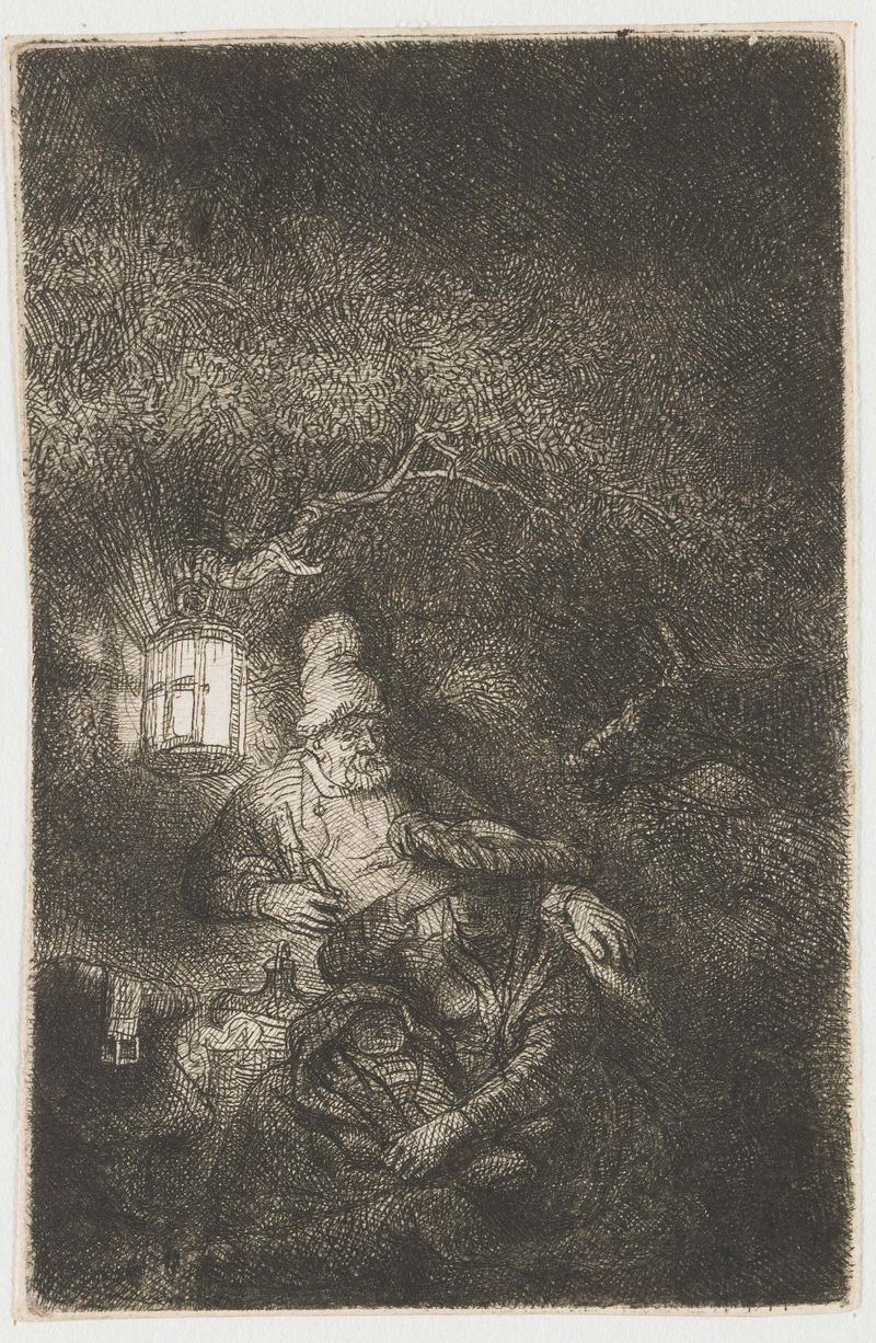 Gravura de Rembrandt van Rijn mostrando a Sagrada Família descansando à noite.
