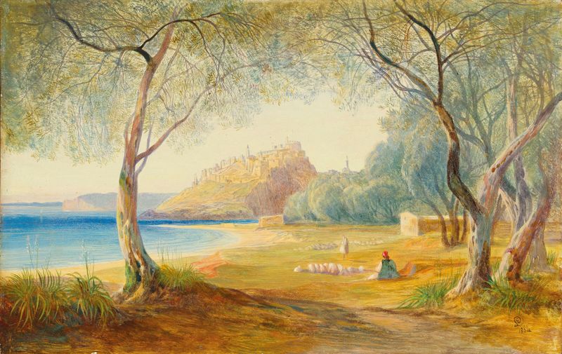 Monastir, Albania de Edward Lear, acuarela sobre papel que representa montañas escarpadas y paisajes dramáticos.