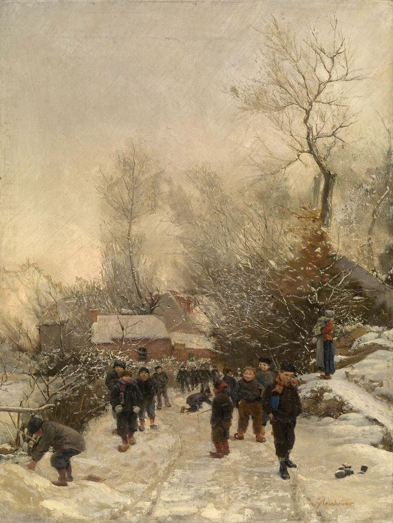 Niños jugando en la nieve, pintura al óleo de Georges Reinheimer