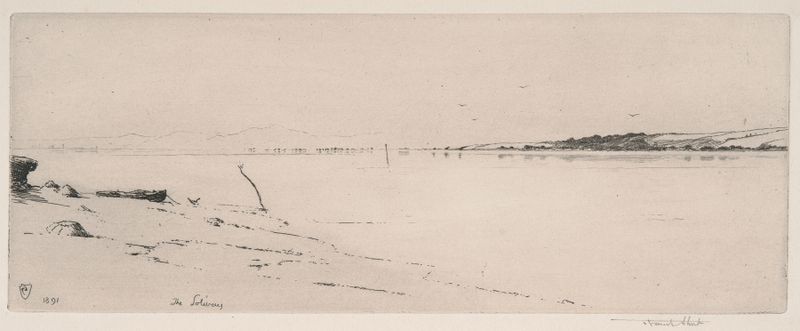 The Solway at Midday, óleo de Sir Frank Short, que representa un paisaje sereno de río con colores vibrantes.