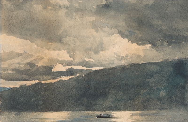 Mink Lake, Adirondacks de Winslow Homer, óleo sobre lienzo que muestra aguas tranquilas y bosque
