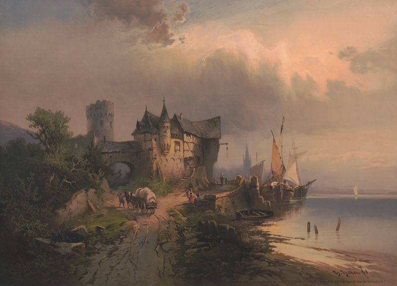 Arco com entalhes intrincados em uma pintura a óleo do romantismo de Edmund Foerster & Co.