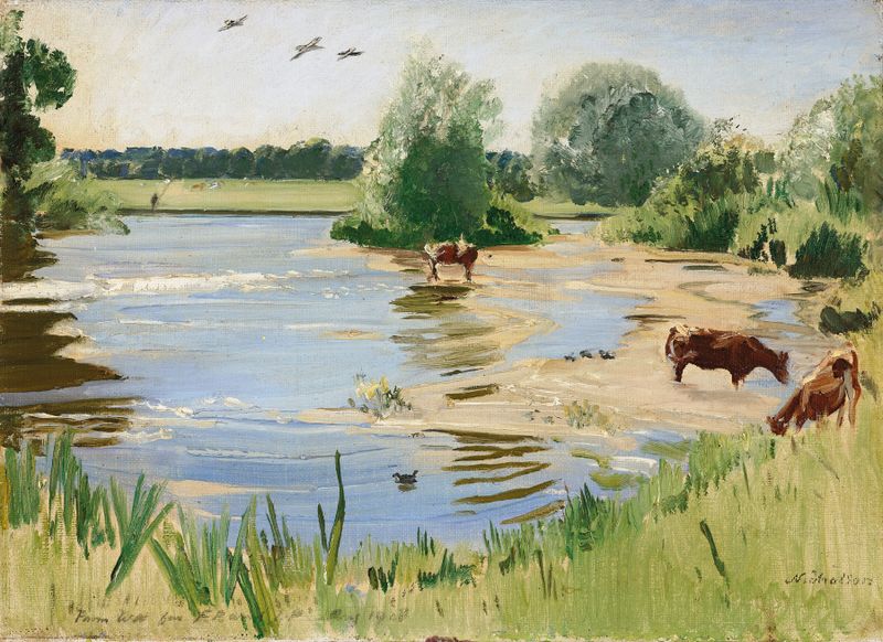 Landscape with sunlight and a small figure, oil painting by William Nicholson