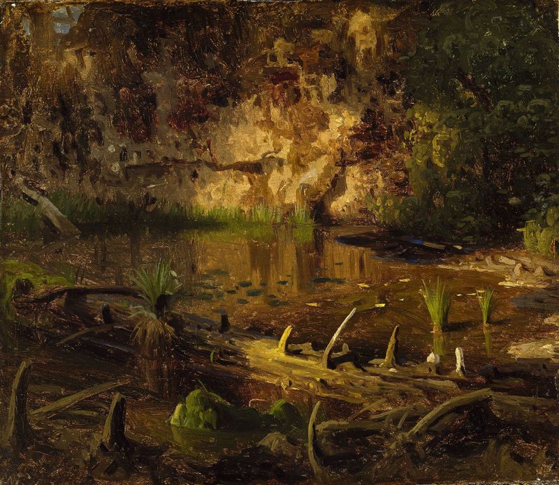Study of a fallen tree by August Cappelen, oil on canvas depicting a weathered trunk in a tranquil landscape.