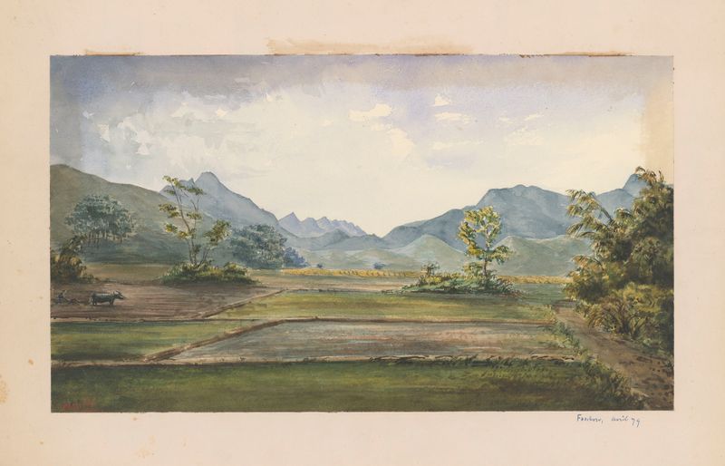 Watercolour by Auguste Mouillesaux de Bernières depicting a serene landscape.