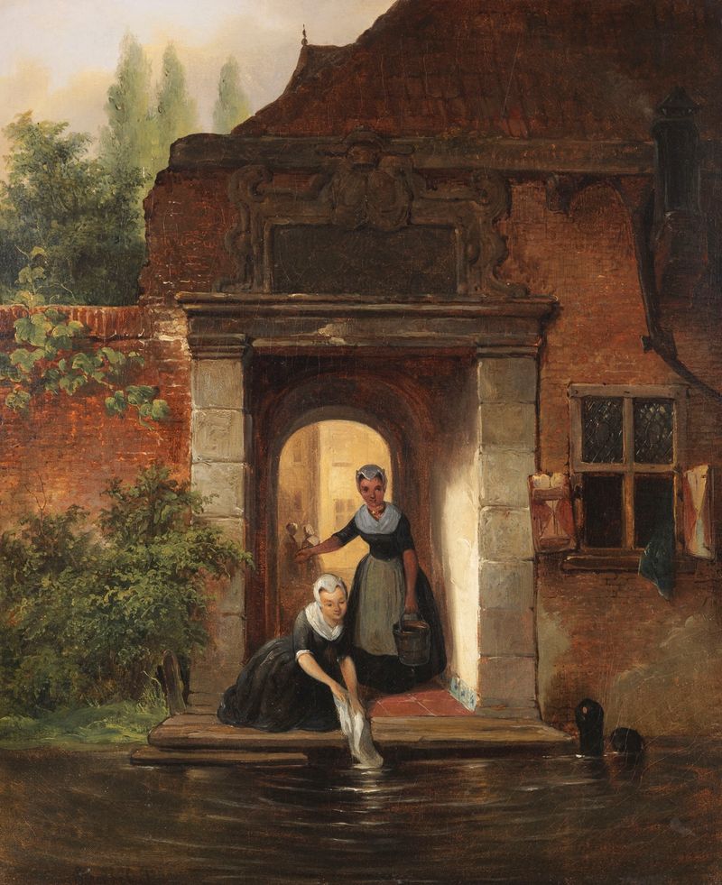 Escena de género que muestra el lavado en un interior, pintura al óleo de Johannes Stroebel