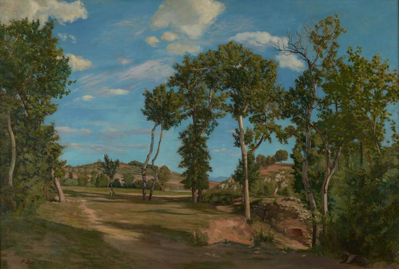 Paisagem de Frédéric Bazille, óleo sobre tela mostrando um rio e uma floresta sob luz dourada.